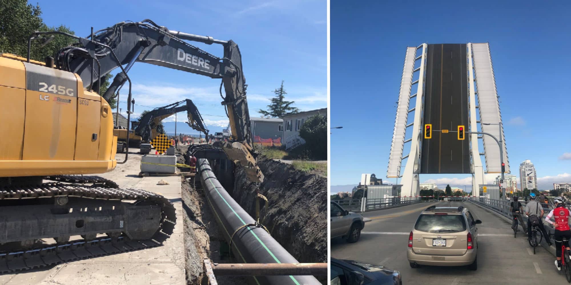 Left, installation of the Macaulay Forcemain, a component of the $775 million Wastewater Treatment Project. Right, the Johnson Street Bridge in its fully raised position (CRD/Ann Catherine).