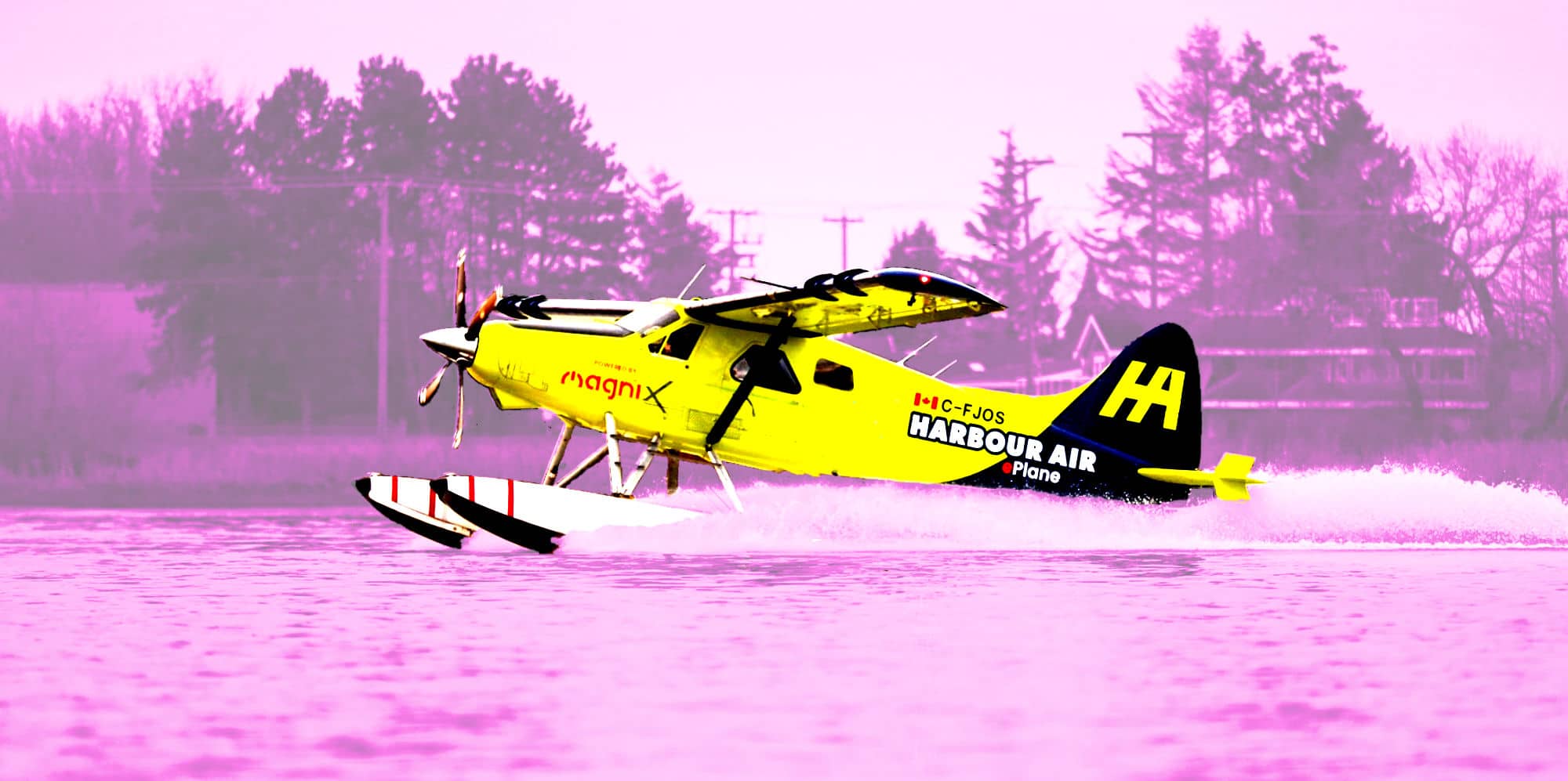 Photo illustration by The Capital. Source image, which shows Harbour Air's first all-electric aircraft during tests on the Fraser River, by magniX.