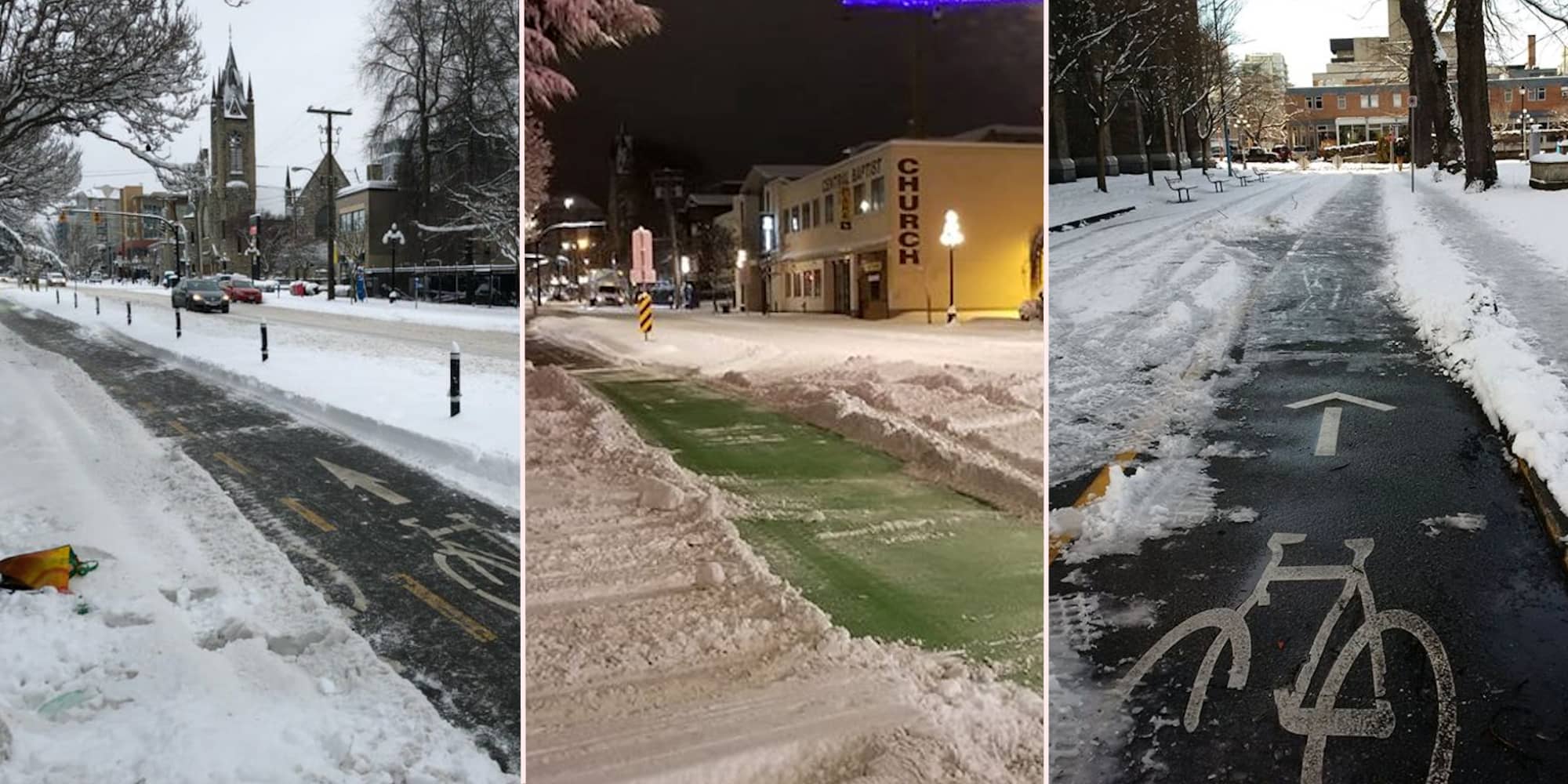 Three social media images showing cleared bike lanes next to apparently unplowed city streets.