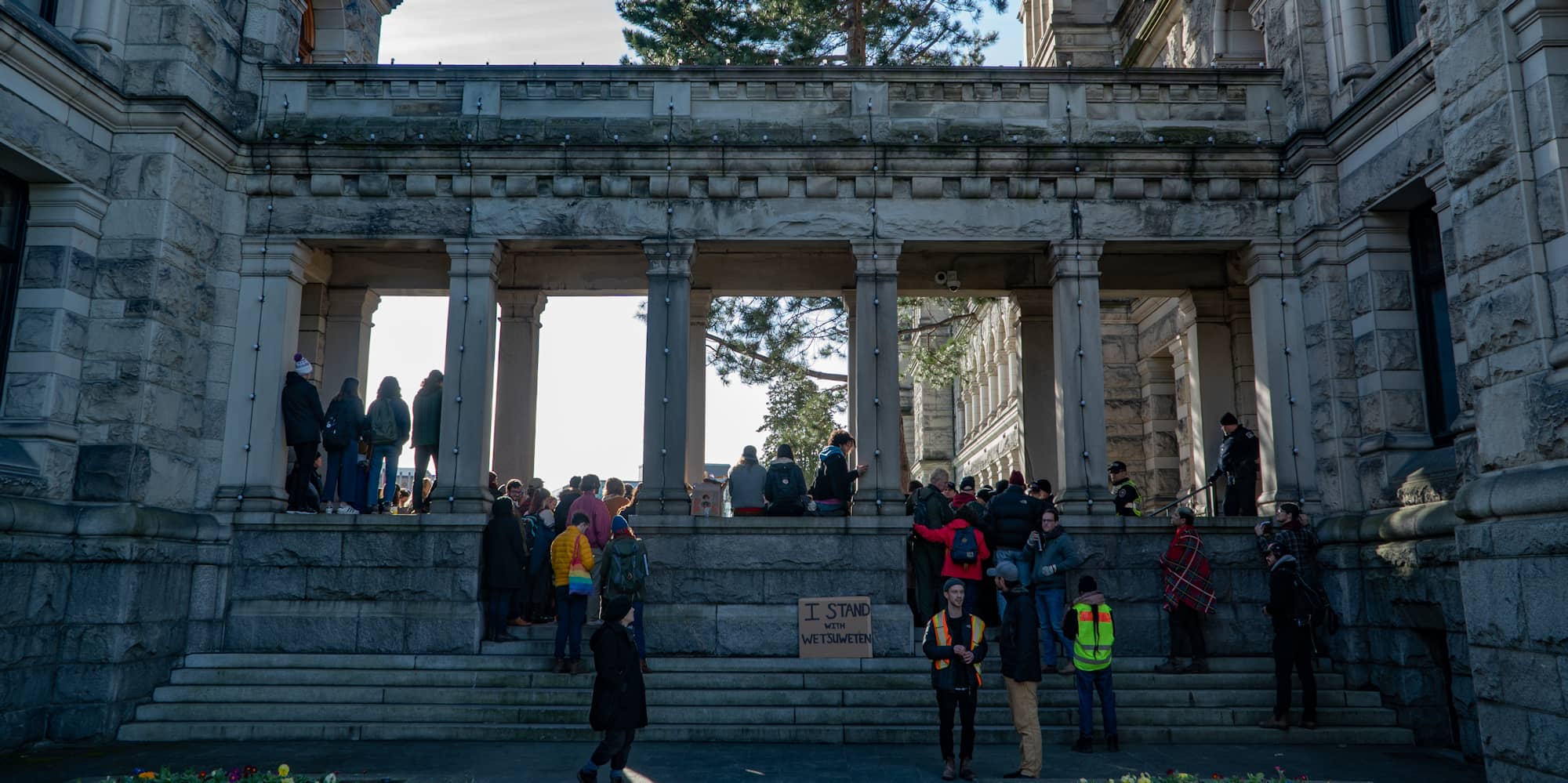 Demonstrators surround the BC Parliament Buildings on February 11, blocking access to the building for MLAs and press (Photo by Evan O'Gorman).