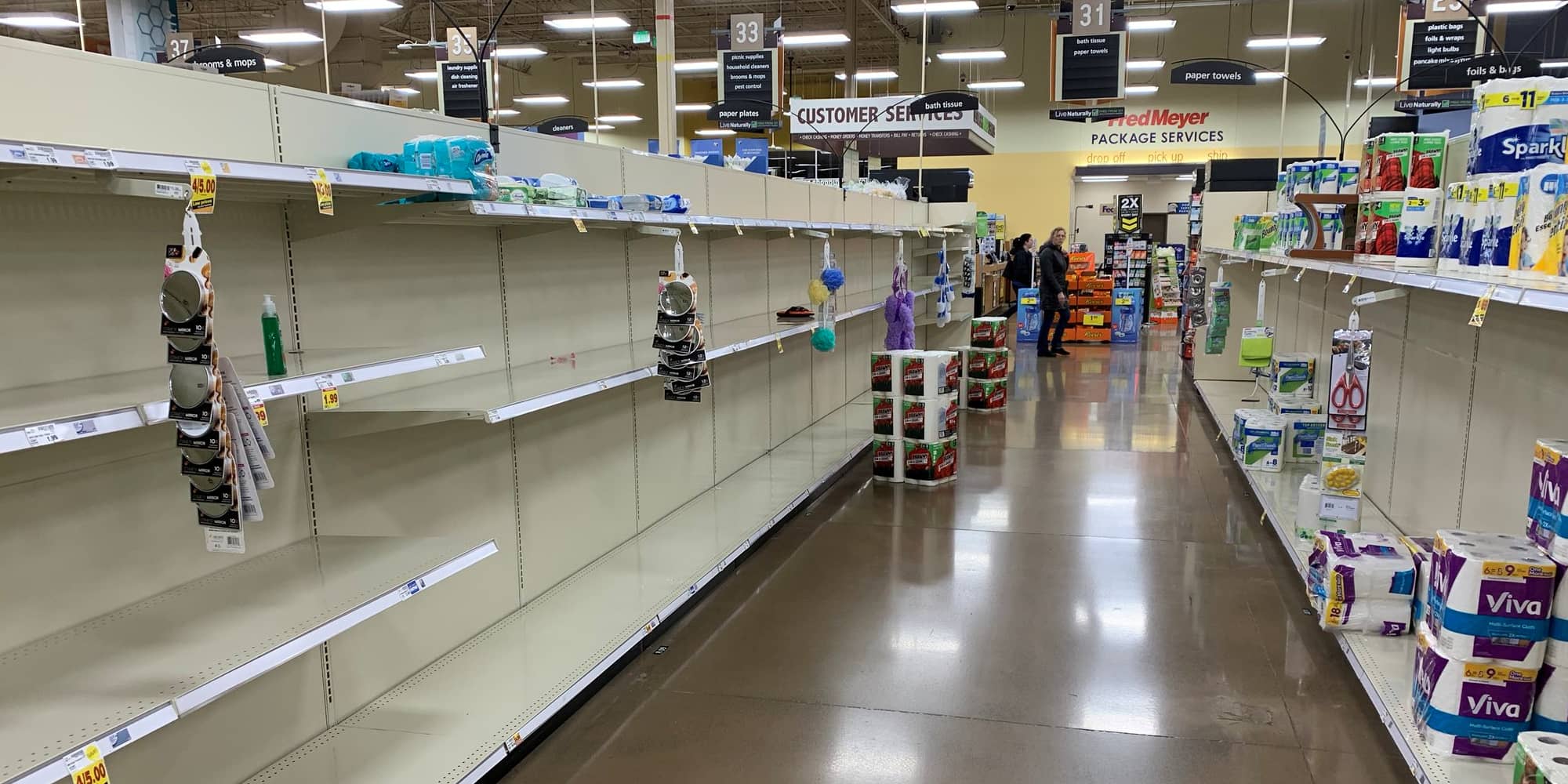 Empty shelves at a Seattle-area grocery store. A COVID-19 outbreak in the Washington State city has led to residents stocking up on food and supplies (Source: Twitter.com/NatronJones)