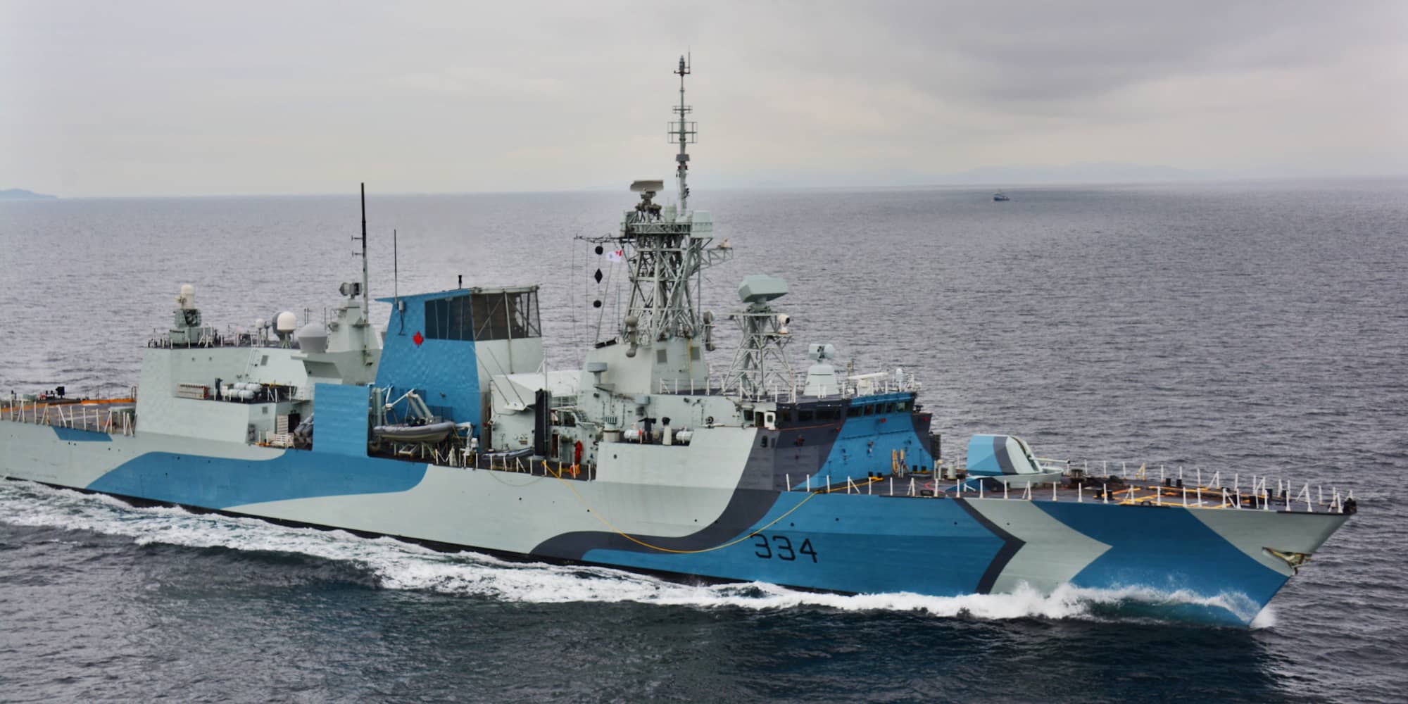 HMCS Regina photographed in October in its Second World War-era "dazzle" paint scheme, intended to commemorate the 75th Anniversary of the Battle of the Atlantic (Source: Canadian Forces Maritime Experimental and Test Ranges)