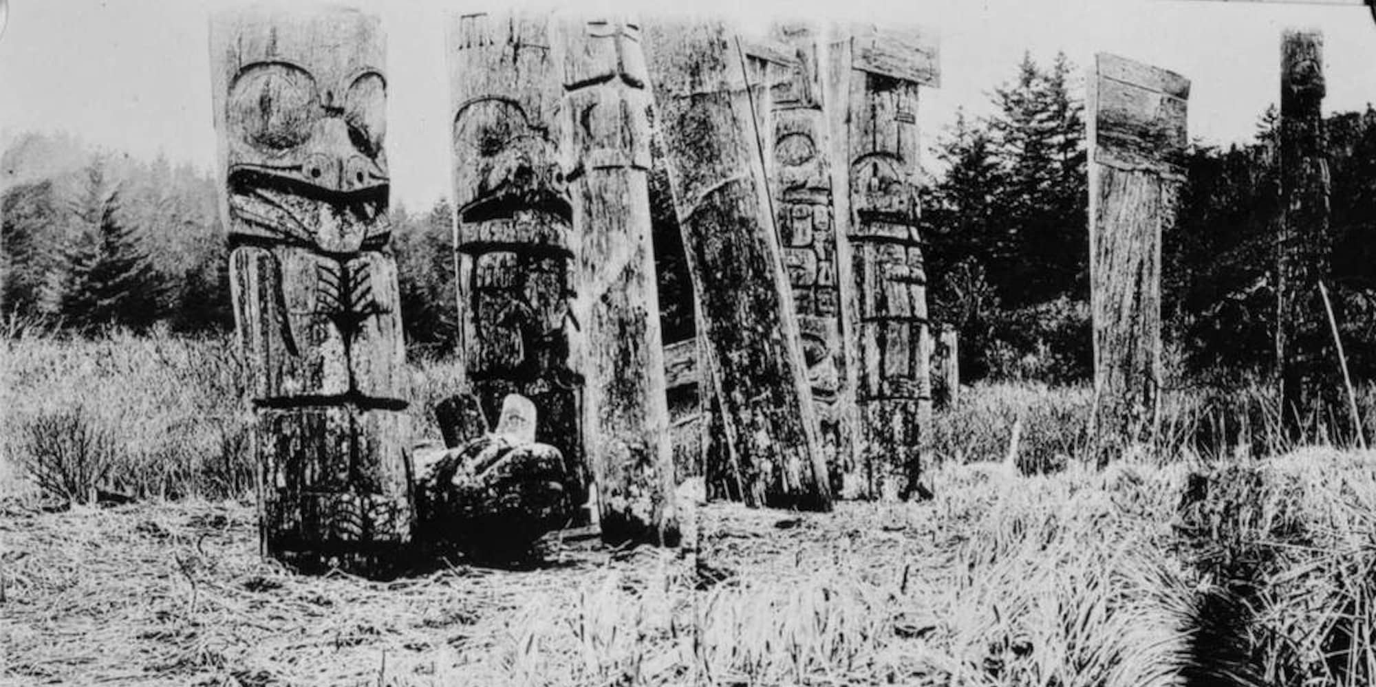 Abandoned poles in the Haida Gwaii village of Ninstints, which was abandoned in the 1860s smallpox outbreak (British Columbia Archives, G-06209)