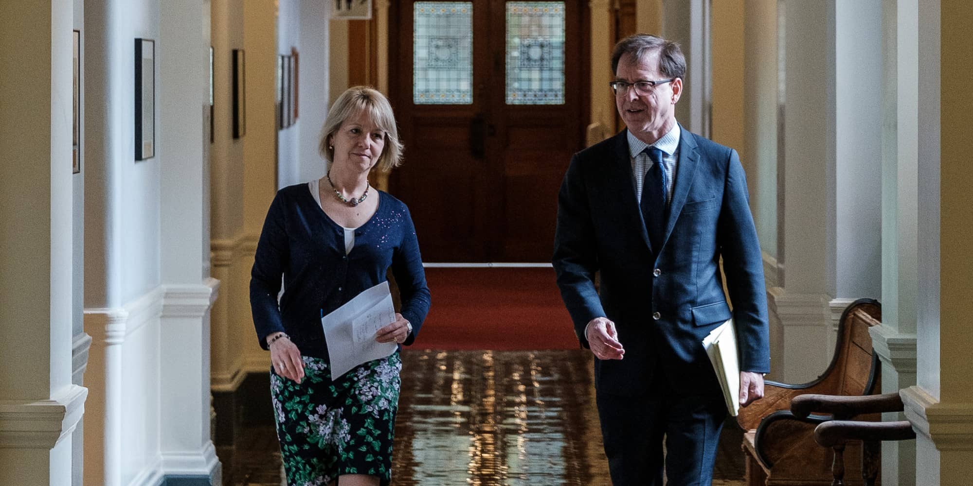 Health minister Adrian Dix and provincial health officer Bonnie Henry walk through the halls of the BC Parliament Buildings towards their April 28 COVID-19 briefing (Ministry of Health).