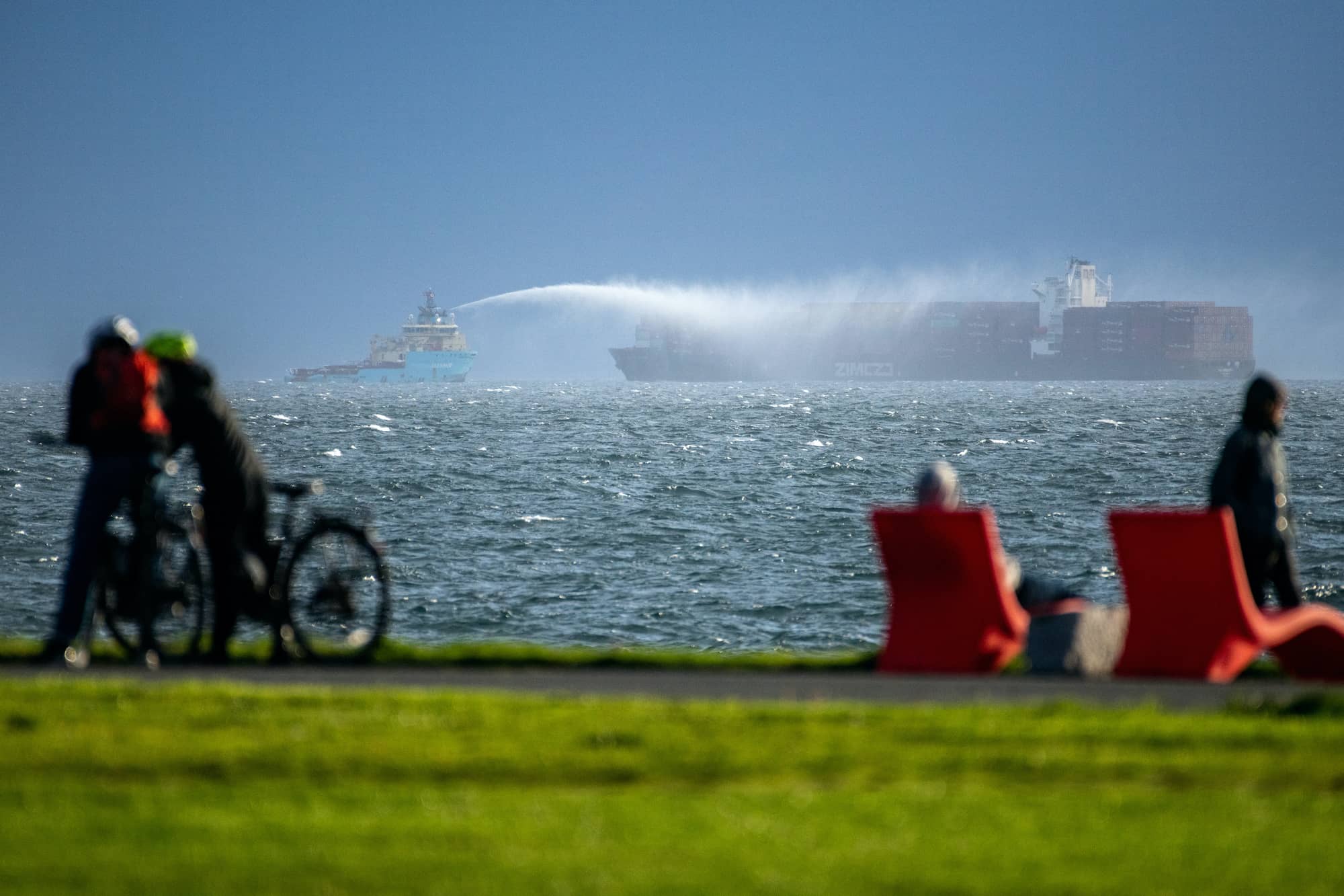 The south coast of the Island drew international attention throughout October 2021 as the container ship the Zim Kingston lost over 100 containers overboard and then catching fire on the Juan de Fuca Strait. Here, Maersk ocean tugs fight the fire in high winds off the shores of Victoria. Photo by James MacDonald