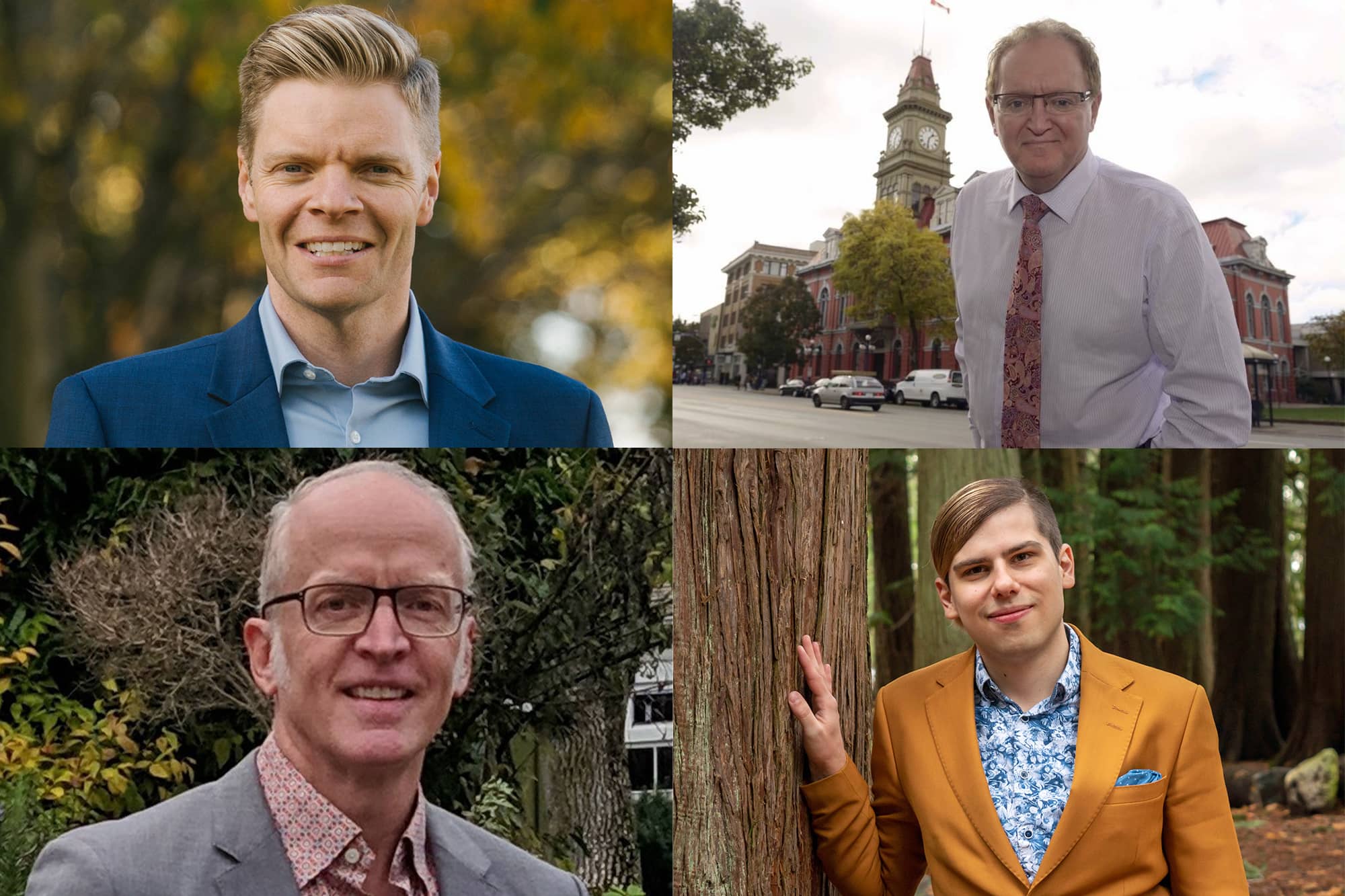 Top left to right: Dean Murdock, Saanich mayoral candidate; Stephen Andrew, Victoria mayoral candidate. Bottom left to right: Dave Thompson, Victoria council candidate; Basil Langevin, Saanich council candidate. Photos submitted.