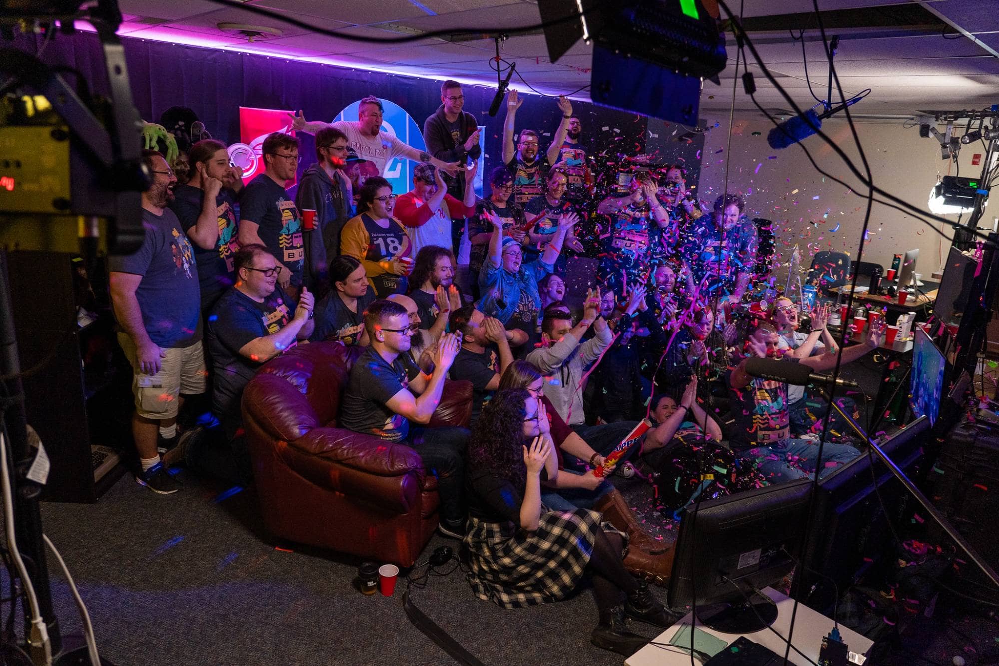 Desert Bus for Hope volunteers celebrate during a past year's livestream. Photo: Kolin Toney