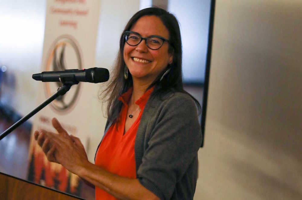 Tanya Clarmont, Director of Community Action and Learning and Community Learning Program lead, speaks at this week's celebration at the Victoria Native Friendship Centre. Photo: Provided / Greg Forsberg