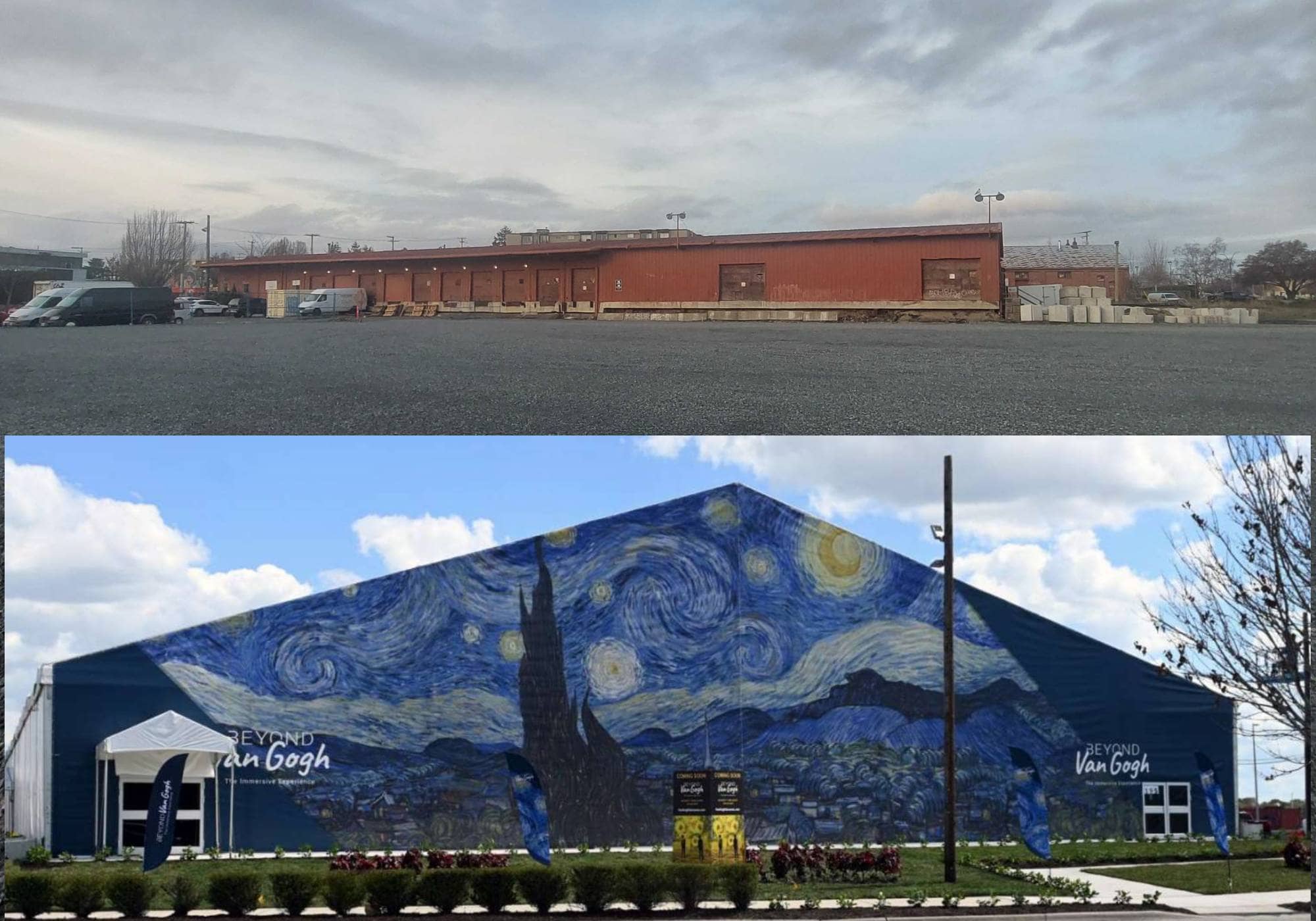 Top: Location of the proposed Beyond Van Gogh exhibit building in Vic West. Below: An artist's rendering of the exhibit.