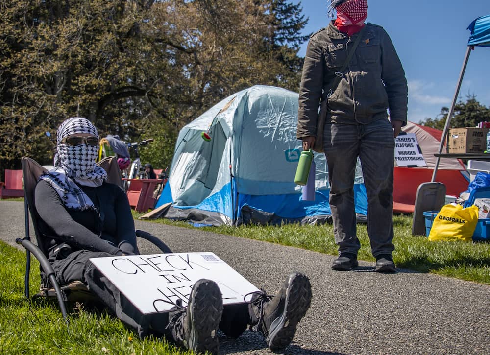 Protesters at UVic campus in May. Photo: Robyn Bell / Capital Daily