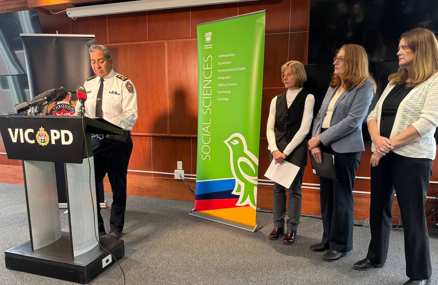 Chief Del Manak speaks to IMPACT report outcomes alongside Echo Kulpas (Island Health), Erica Woodin (UVic), Catherine Costigan (UVic). Photo: Sidney Coles / Capital Daily