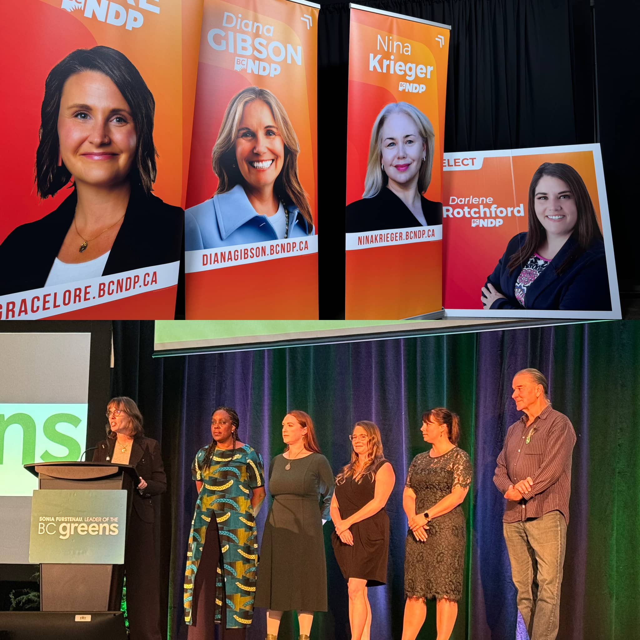 From Victoria-area election night events. The women elected for the NDP in the CRD core / the local Green candidates. Photos: Sidney Coles / Capital Daily