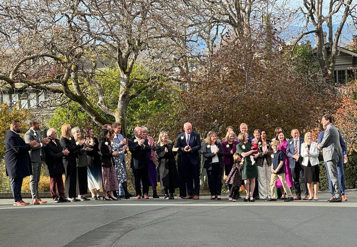 Premier David Eby and BC cabinet ministers gather outside Government House before the swearing-in ceremony. Photo: Sidney Coles
