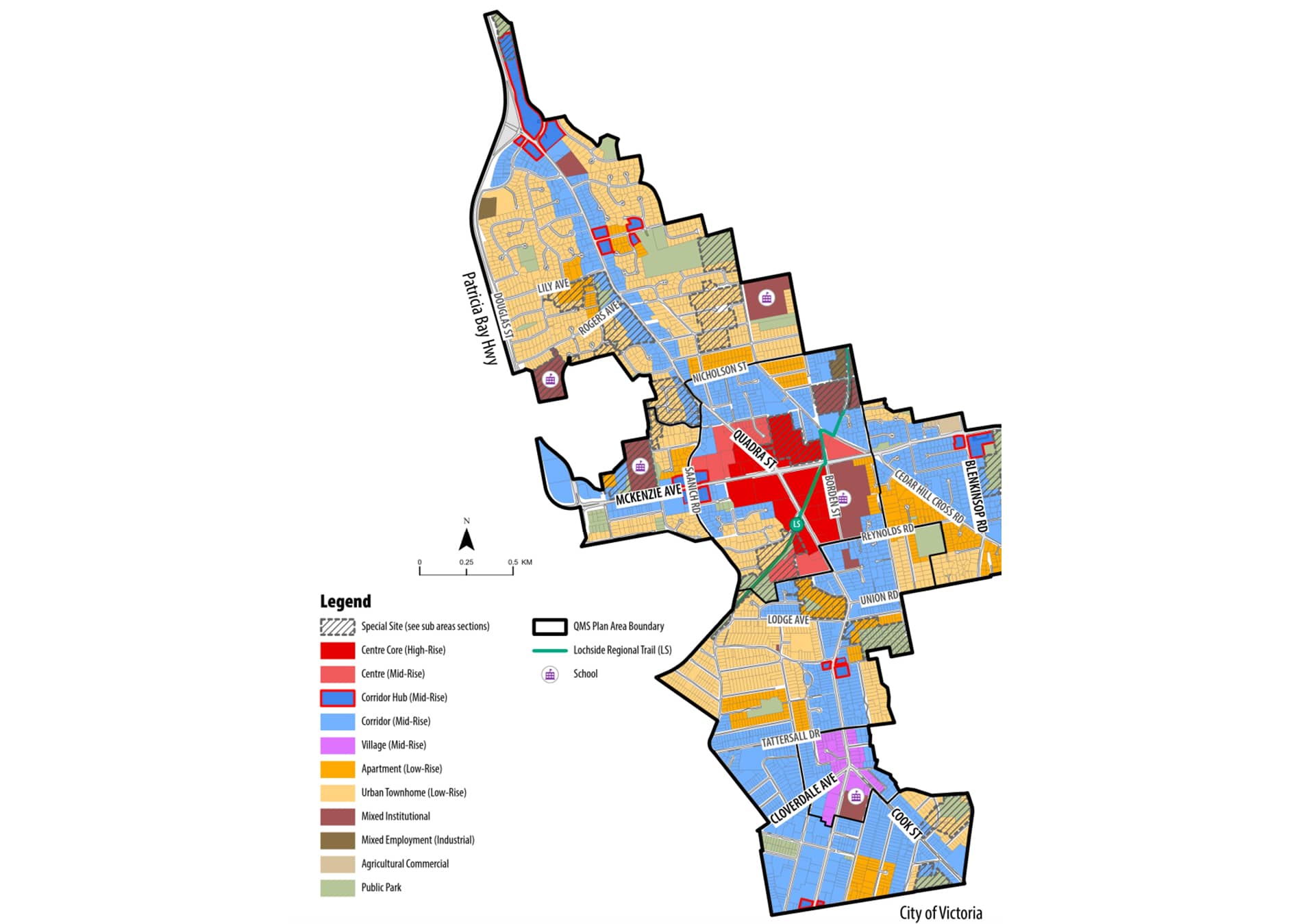 A map of the planned land use for the District of Saanich, showing where highrises and smaller apartments would have approval. Image: District of Saanich