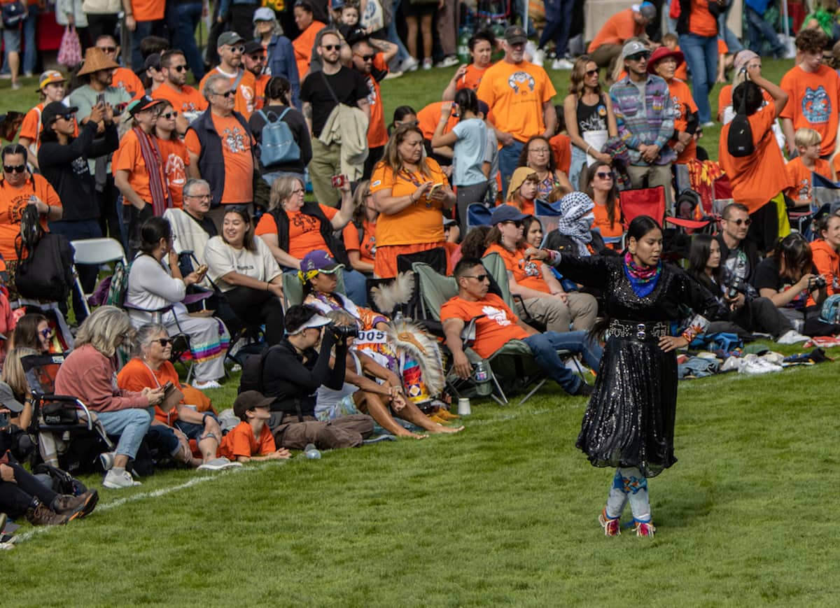 A dancer performs at the South island Powwow, 2024. Photo: Robyn Bell / Capital Daily
