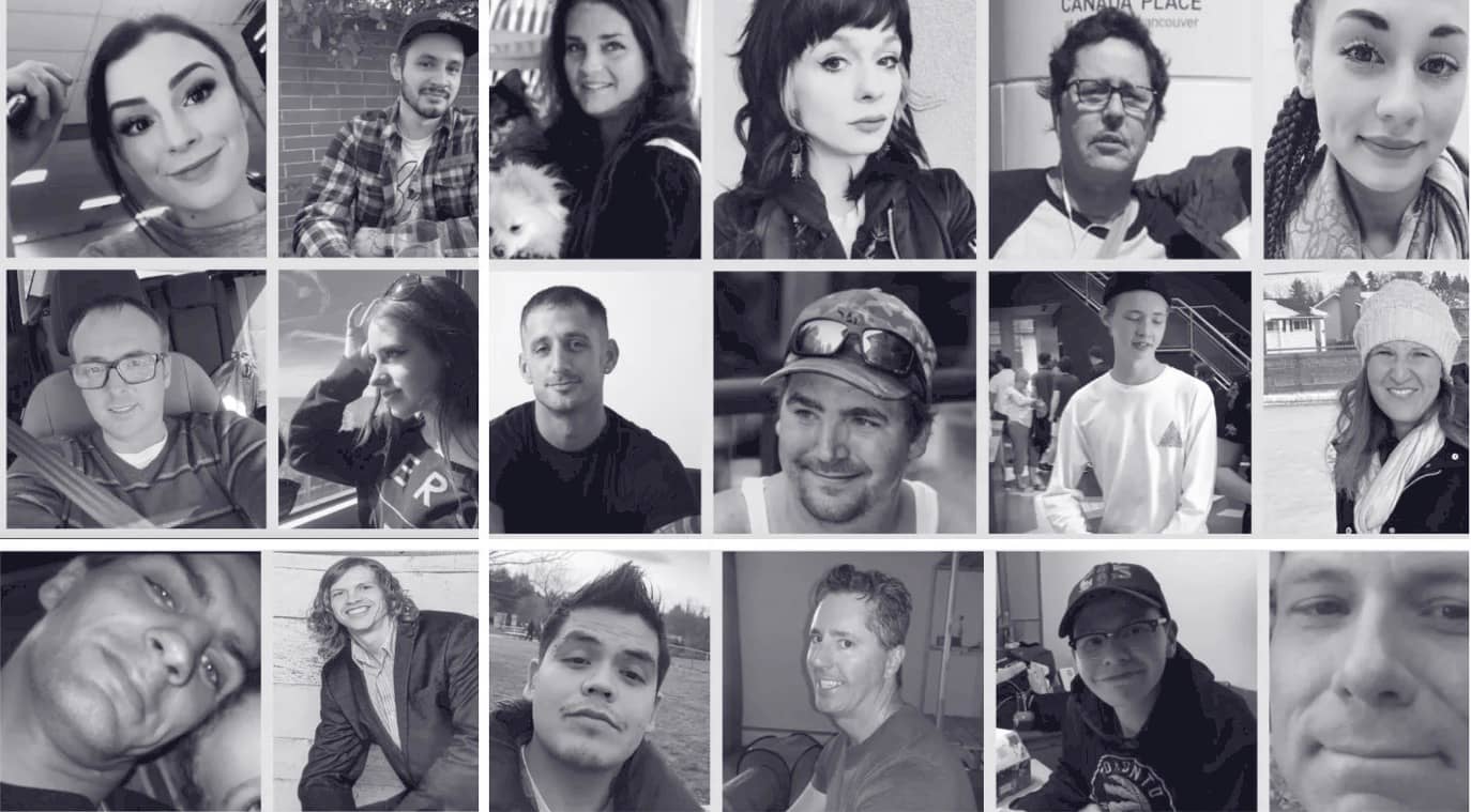 The faces of those lost to BC’s toxic drug crisis, on display at the Bay Centre now through April 26 as part of the Naming a Crisis art show. Image: Naming a Crisis