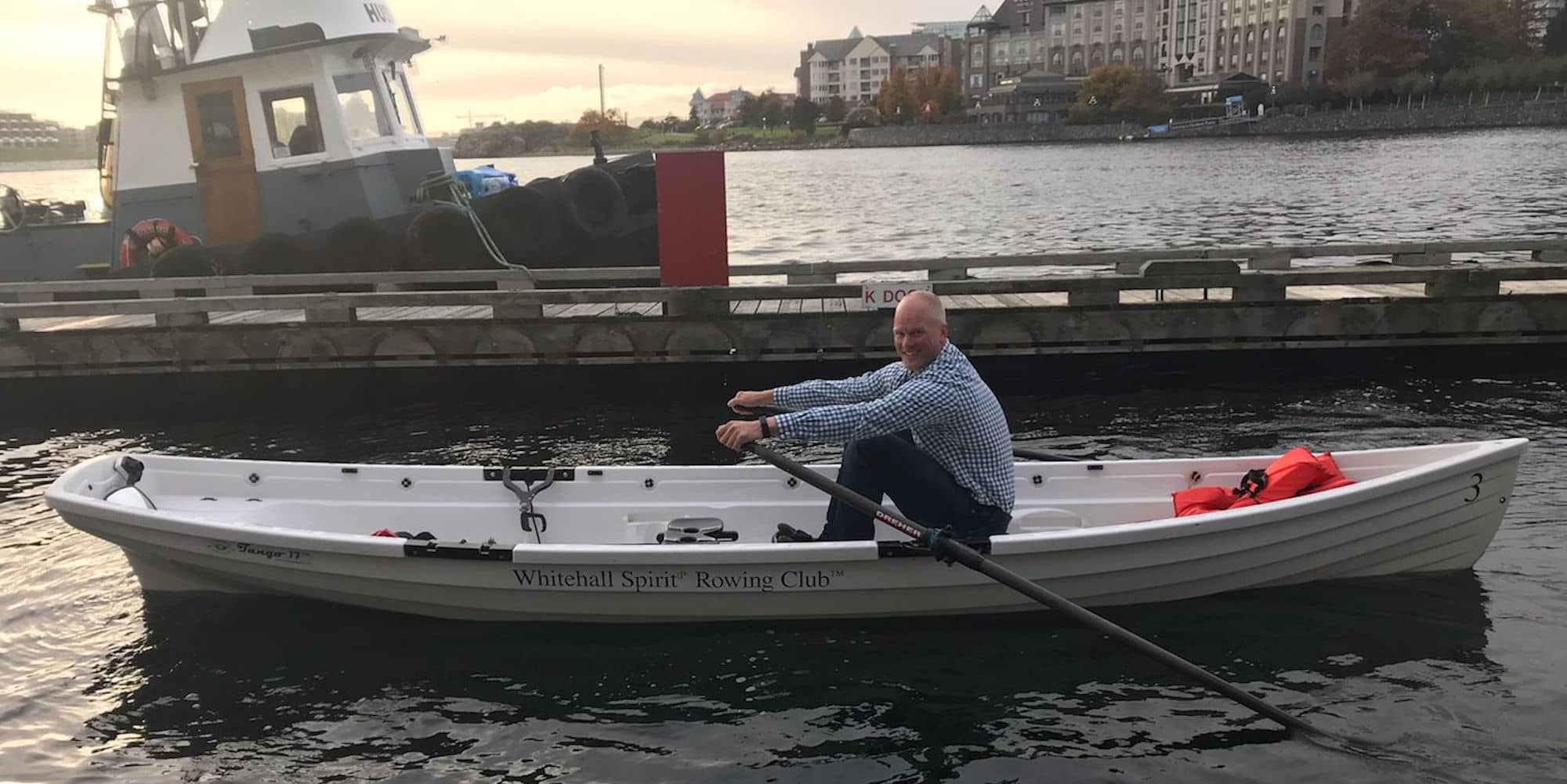 Victoria-based Olympic rowing gold medalist in the boat he has offered to use to row Greta Thunberg across the Strait of Georgia (Image courtesy of KreekSpeak Business Solutions)