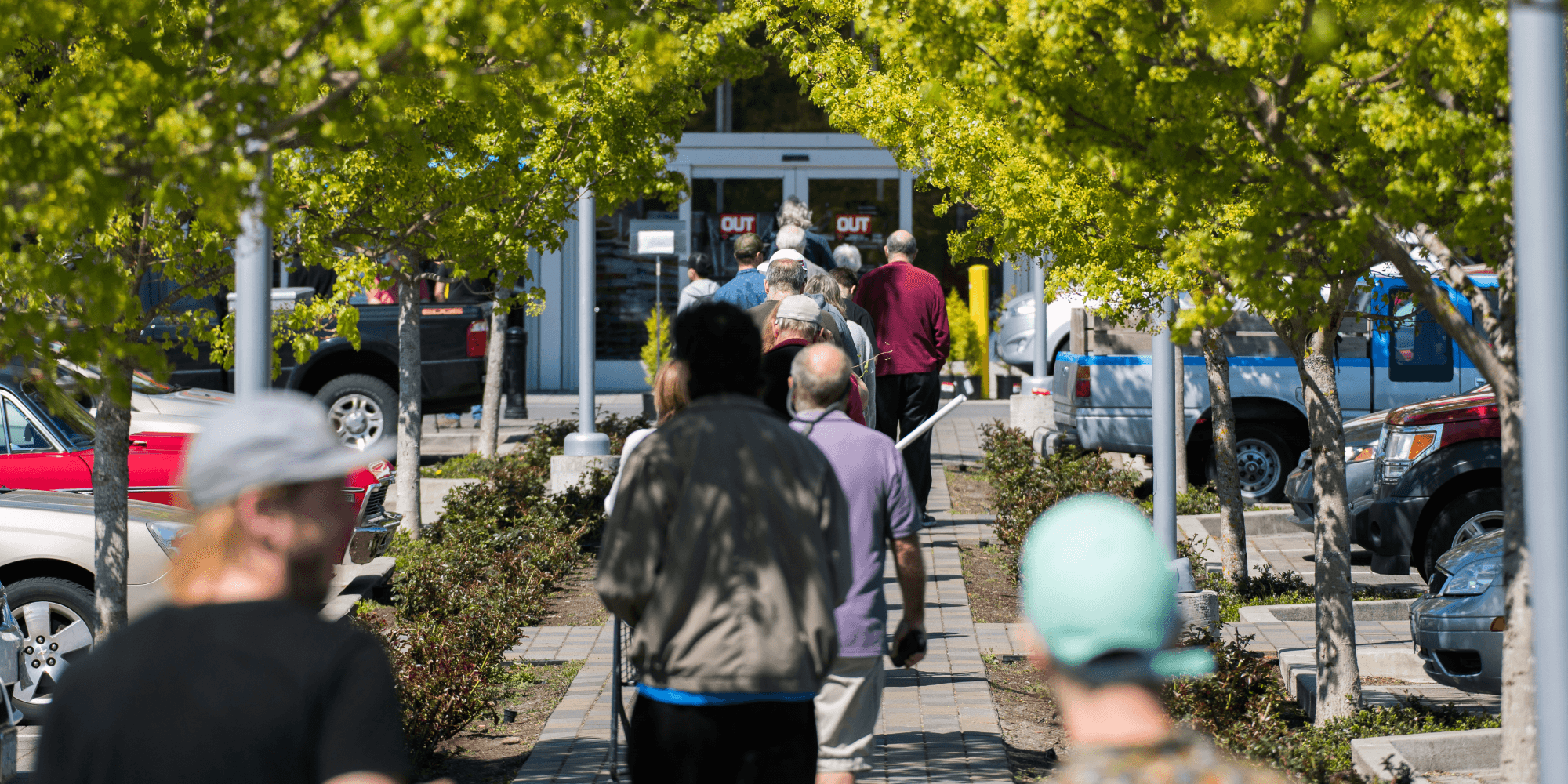 A socially distanced lineup outside the Hillside Mall Canadian Tire (James MacDonald for The Capital)
