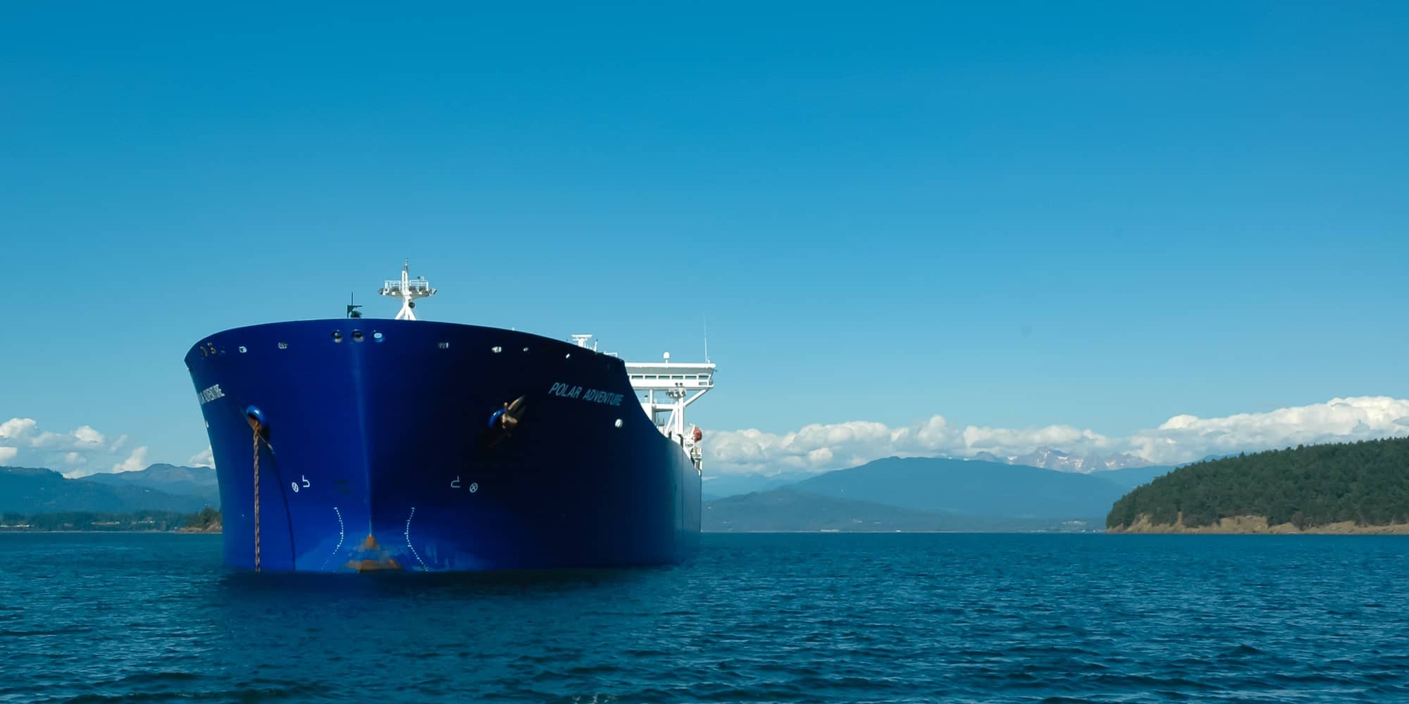The Polar Adventure, a crude oil tanker, pictured at anchor in the Salish Sea (Johan Wieland).