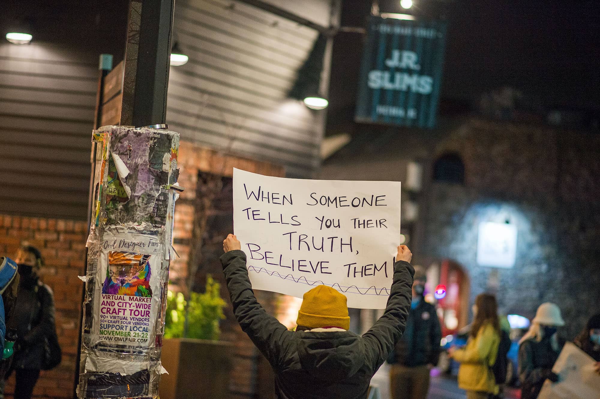 Protesters rally in downtown Victoria in February 2021 following rape allegations against a bar manager at Chuck's Burger Bar, who also worked at other establishments. James MacDonald / Capital Daily