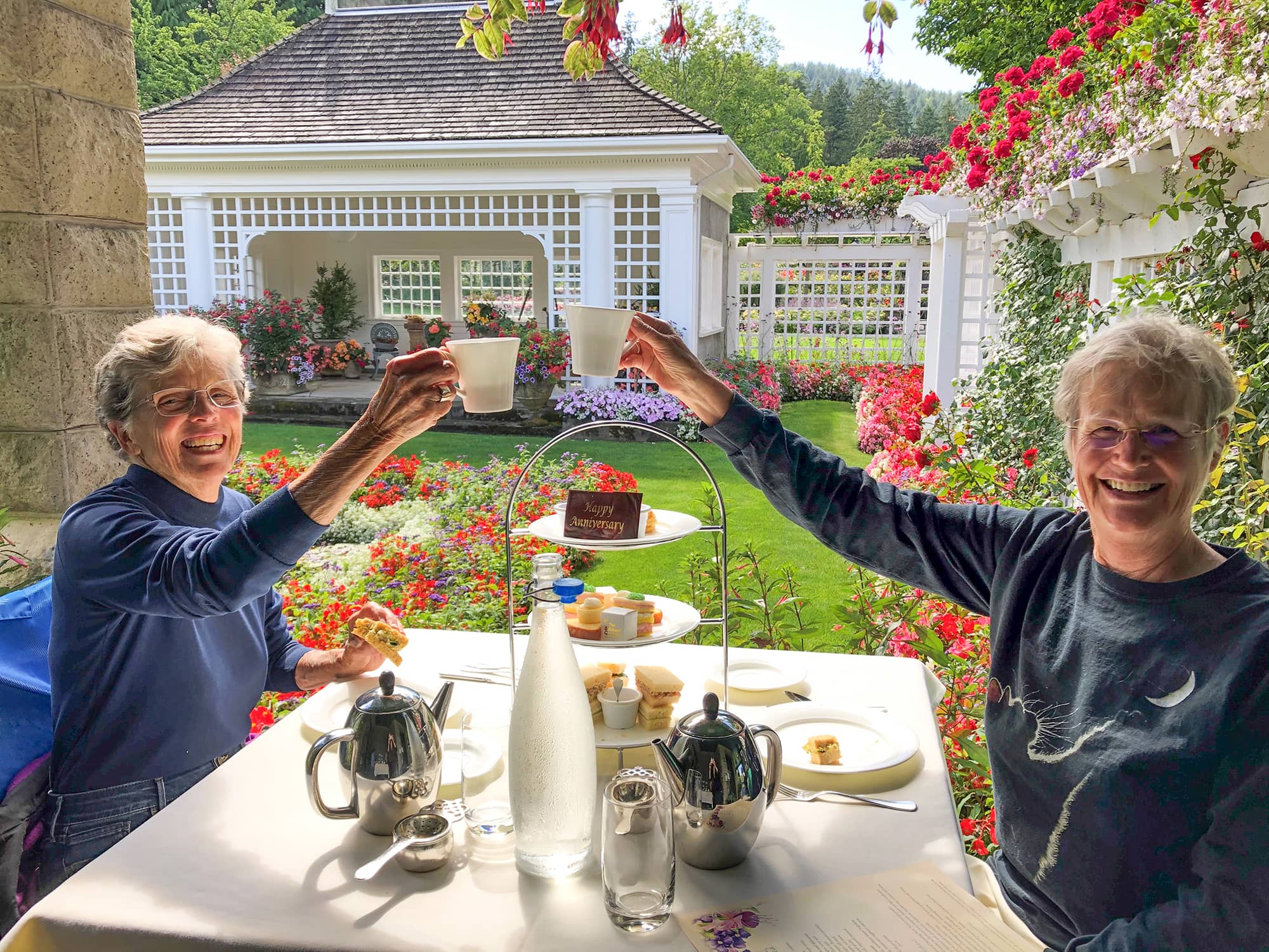 Diana Denny (left) and Robin Roberts celebrate their 37th anniversary at The Butchart Gardens. Photo: Submitted