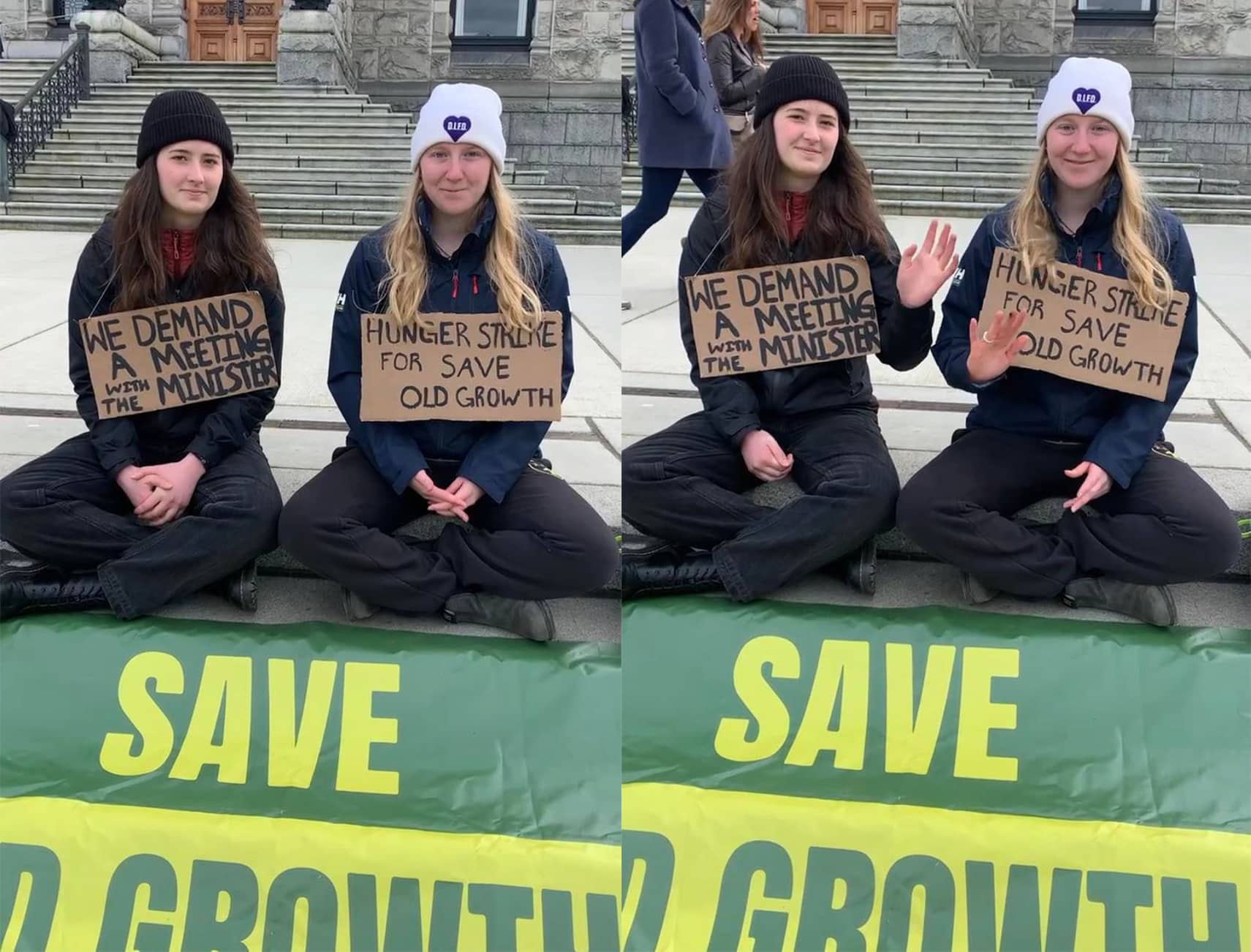 UVic students Jordana Pangburn and Grace Charness sit on the steps of the legislature during their hunger strike in early April. Photo: submitted.