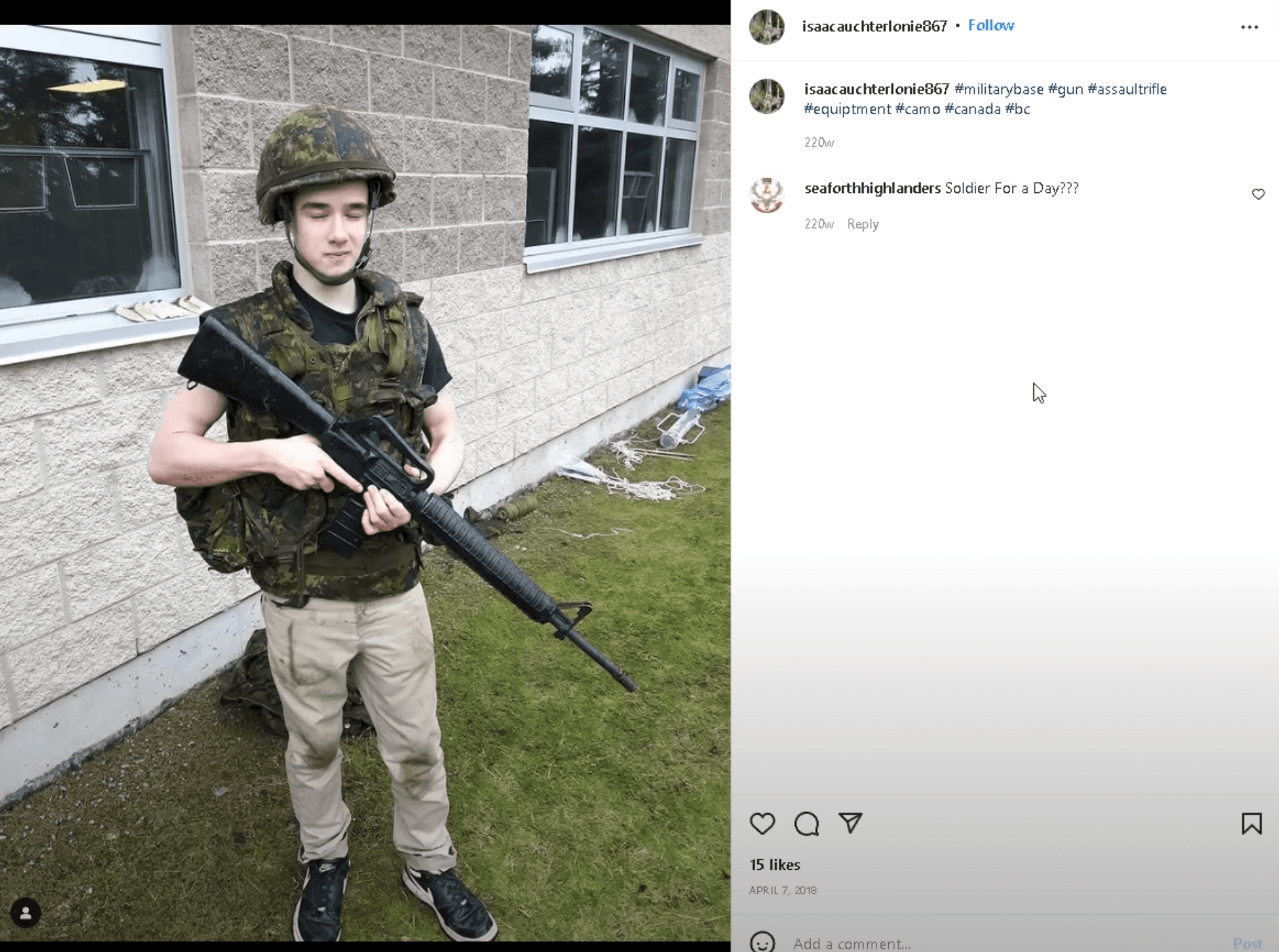 Isaac Auchterlonie participating in the Canadian Armed Forces program Soldier for a Day. His twin brother, Mathew, applied to join the CAF but failed the aptitude test. Screenshot via Jay Roze / YouTube