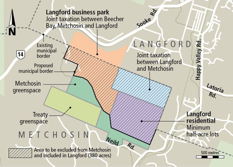 A map showing the changed borders from the 2017 land swap between Sc'ianew, Langford, and Metchosin. Photo: Te'mekw Treaty Association