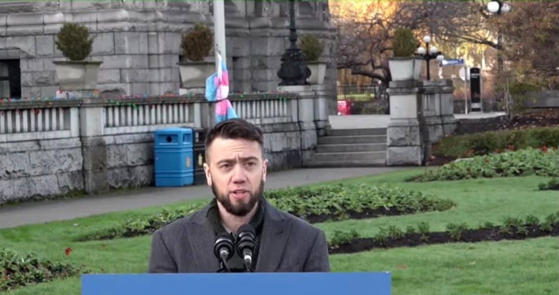 Victoria Sexual Assault Centre executive director Elijah Zimmerman speaks at the Transgender Day of Remembrance in 2021. Photo: VSAC / Facebook.