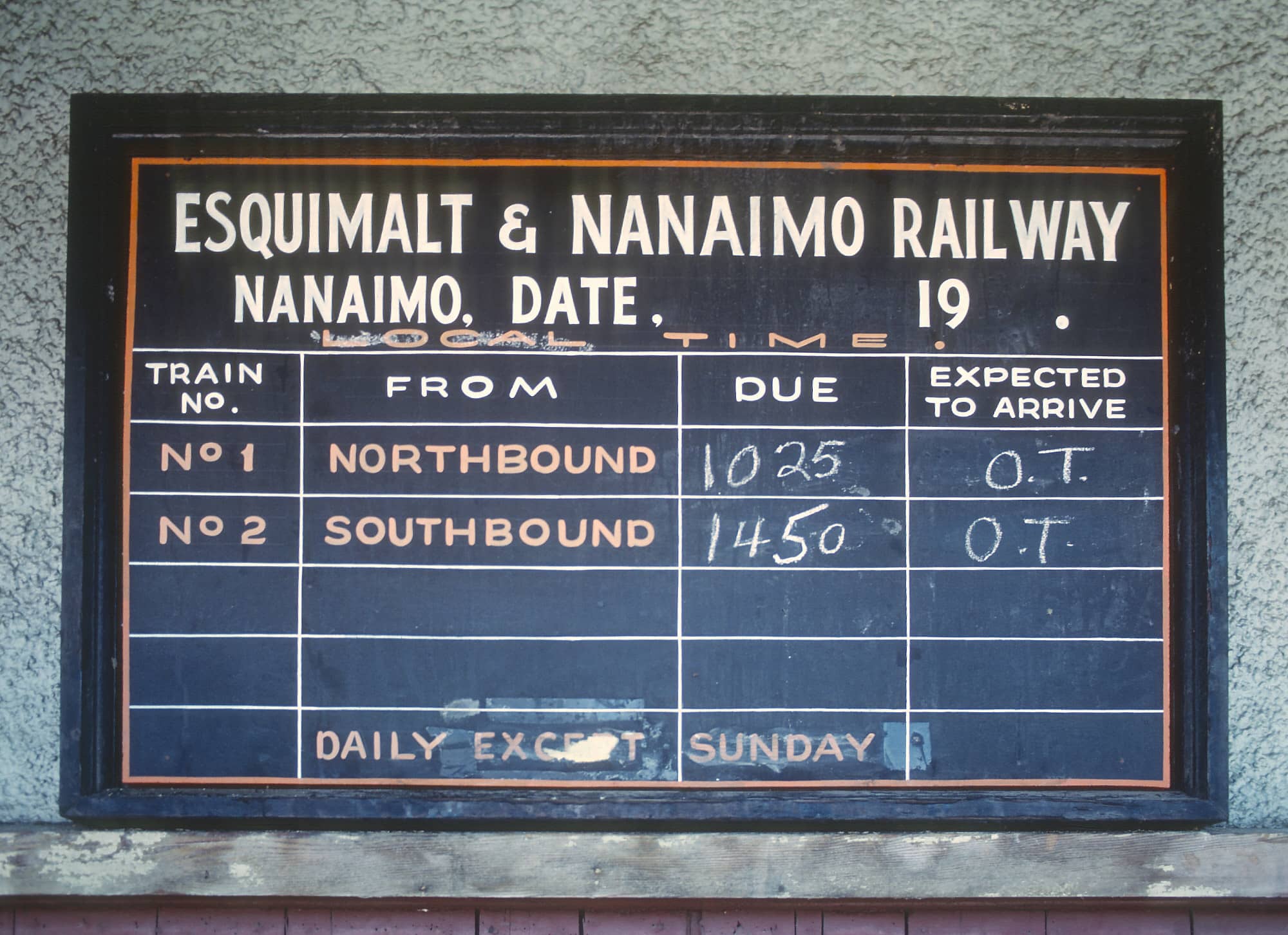 E&N Train Board at Namaimo, BC in October 1979. Photo: Roger Puta.
