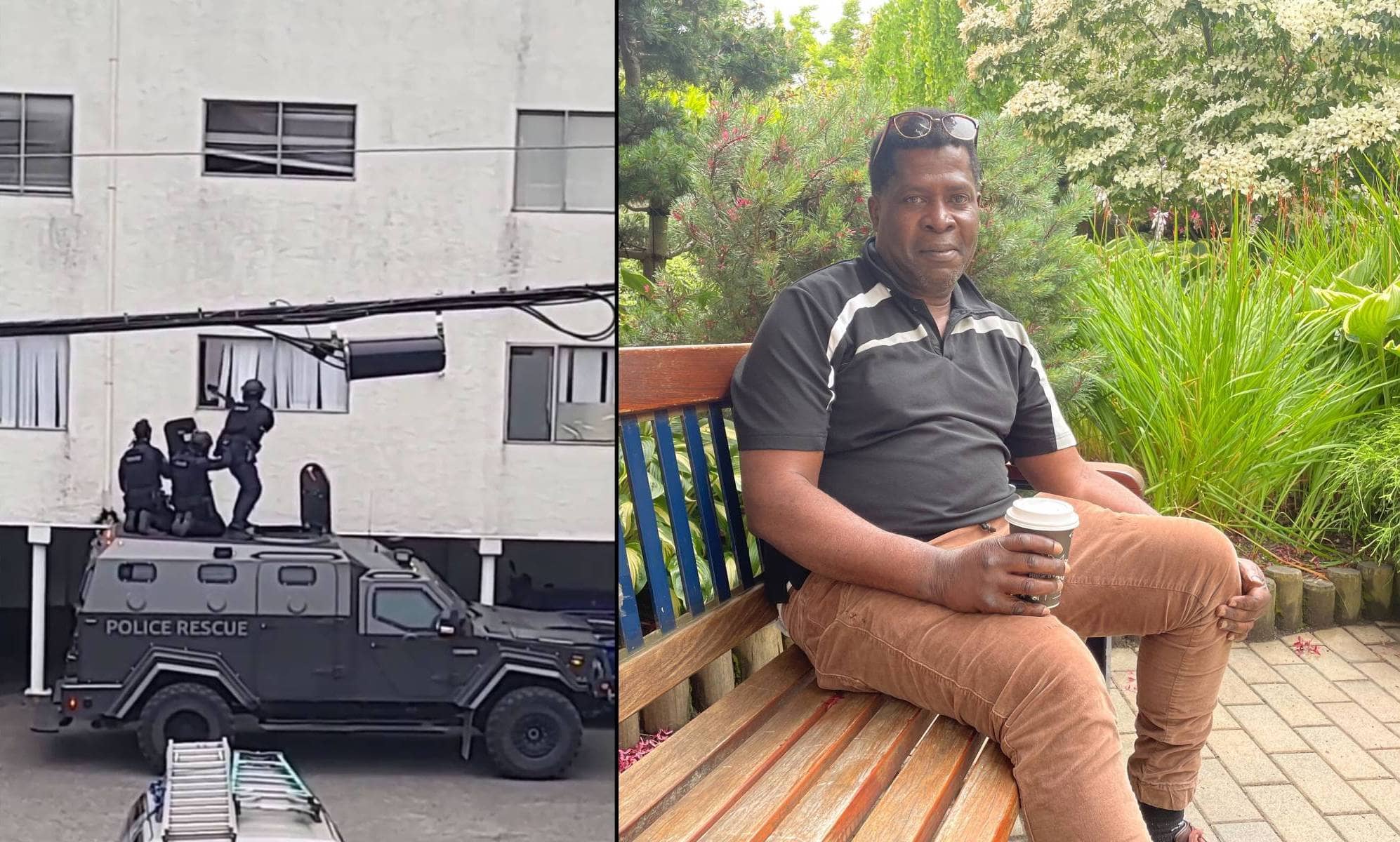 Left: Victoria police officers are pictured breaking the windows of Michael Belfon's Quadra Village apartment during a wellness check on June 7. Right: Michael Belfon has been recovering from the physical and mental trauma of that day. Photo: Brishti Basu / Capital Daily