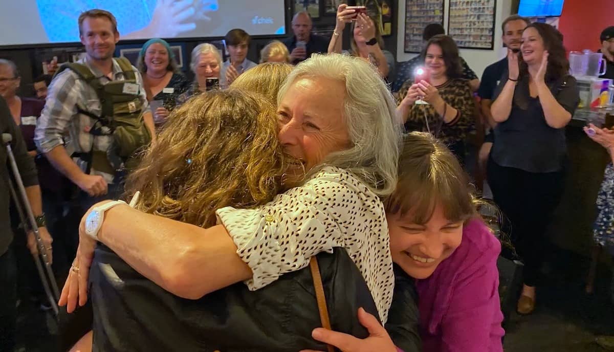 Langford Now candidates celebrate following a clean sweep of the Langford election. Photo: Zoë Ducklow / Capital Daily