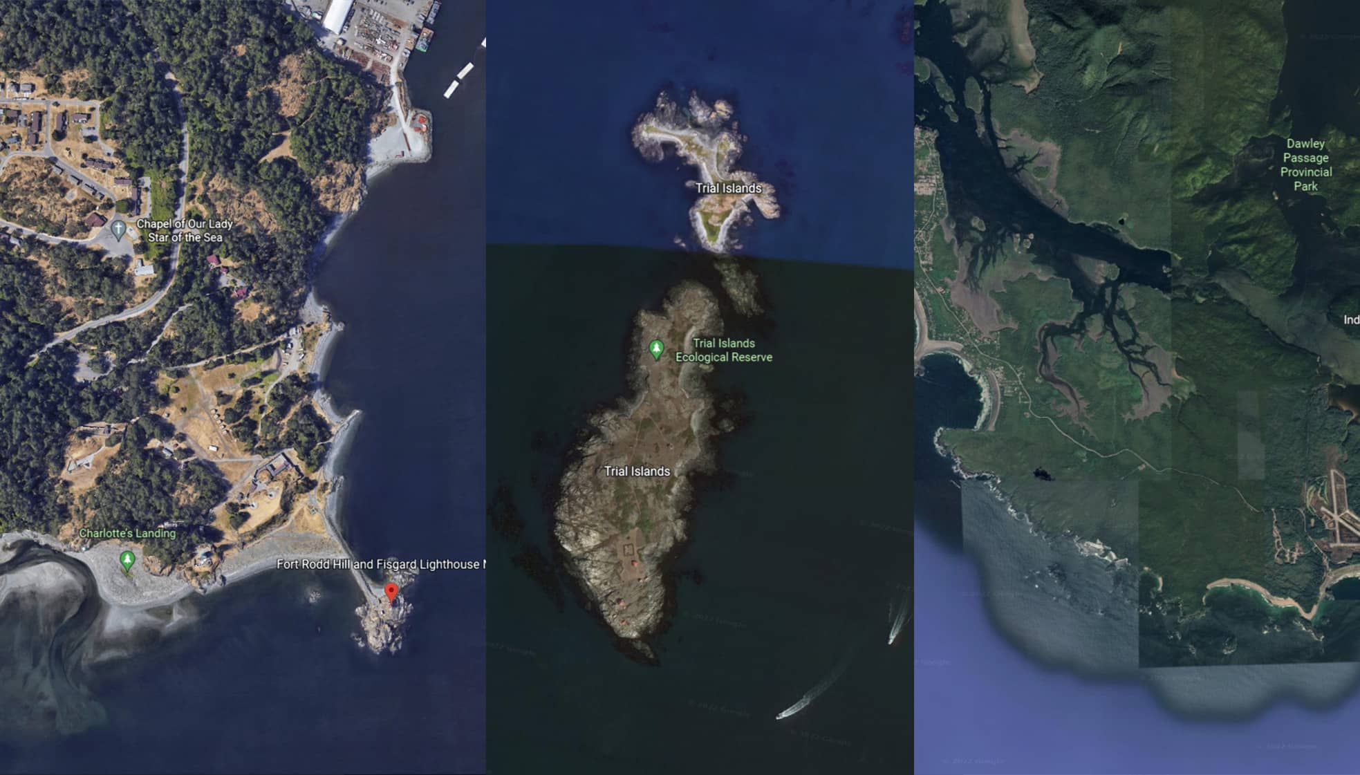 Fort Rodd Hill, Trial Islands, and the Tofino Mudflats have all been designated as Key Biodiversity Areas. Photos: Google Earth