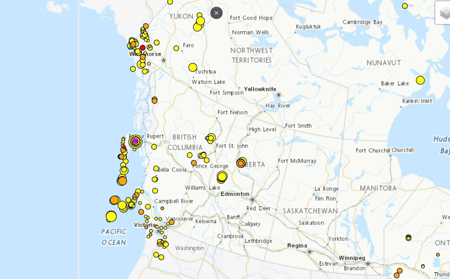 Earthquakes recorded over the past 30 days. Photo: Natural Resources Canada