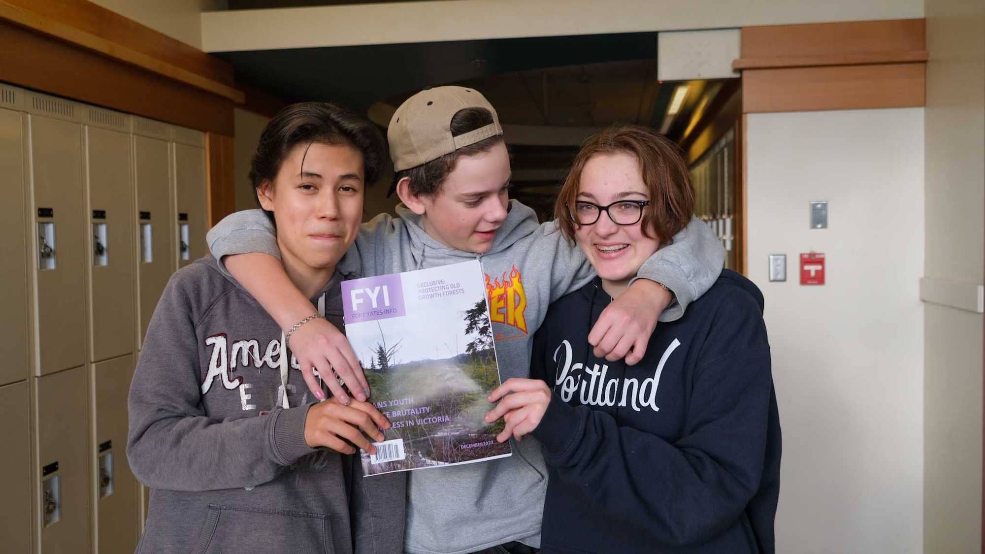 Liam Jensen, Finley Simmons and Isabelle Joly co-wrote a story about the challenges of homelessness and addiction after visiting Our Place Society on Pandora Avenue and interviewing a substance abuse activist. Photo: Michael John Lo / Capital Daily