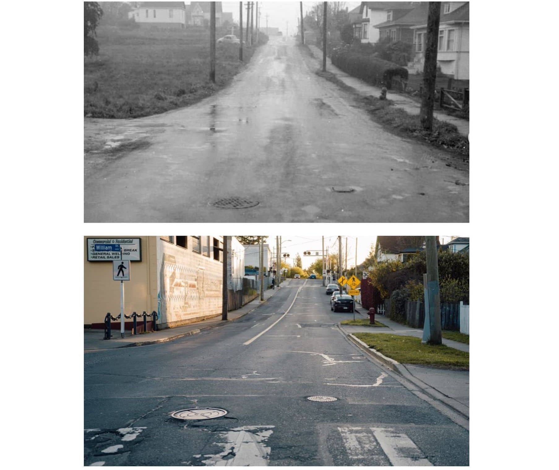 Top: A 1959 archival photo of a Vic West street. (City of Victoria Archives) and Bottom: A 2020 recreation by local photographer Taylor Roades. (Instagram)