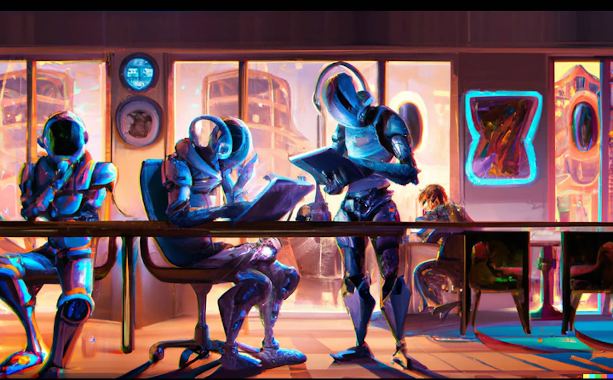 AI-generated art from DALL-E 2 using the prompt: "robots doing homework in futuristic style, digital art." Photo: Michael John Lo // DALL-E 2