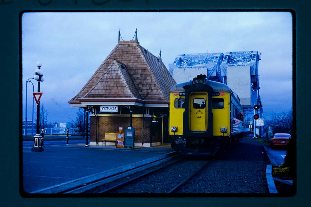 Photo: The E&N Dayliner at its southern terminus in 1986. With the subsequent removal of rail capacity for the Johnson Street Bridge, any new terminus would need to be located in Vic West (BC Archives)