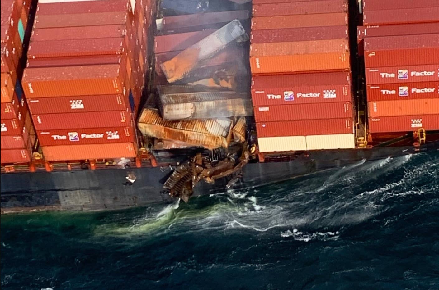 An aerial view of the burned shipping containers aboard the M/V Zim Kingston. Photo: Ministry of Environment and Climate Change Strategy