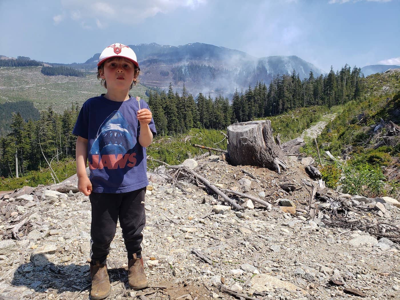 The Newcastle fire's smoke looms behind Stokely, 4, in a family photo taken by his mother, Shannon Briggs.