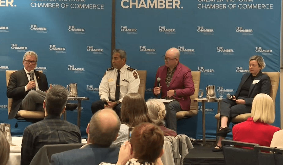 Summit on violence: (Left to right) Chamber CEO Bruce Williams, Victoria police Chief Del Manak, Jonny Morris, CEO of the Canadian Mental Health Association BC, Carolina Ibarra, CEO of the Pacifica Housing Advisory Association. Photo: CHEK News.