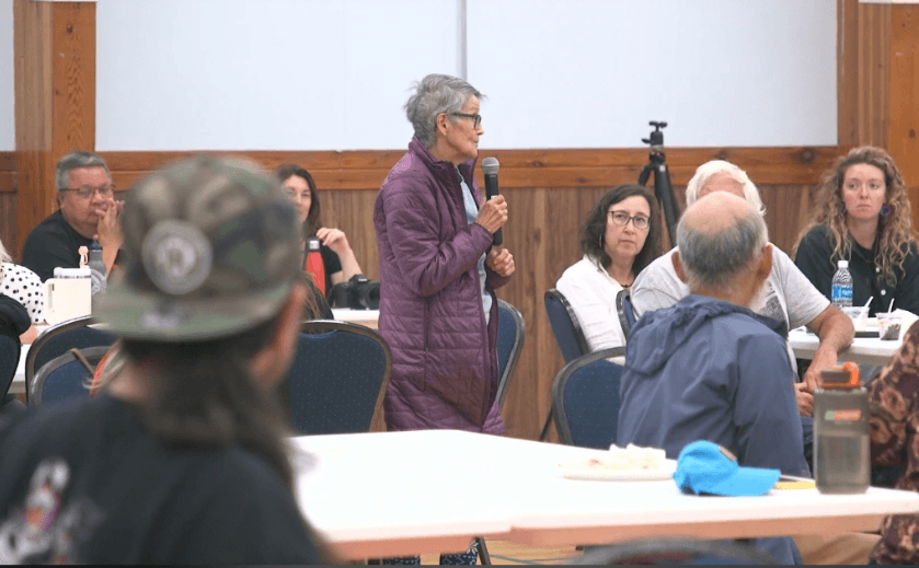 Yvonne Lattie (Gwininitxw) speaks in opposition to PRGT pipeline at Kispiox town hall held last month. Photo: Sidney Coles