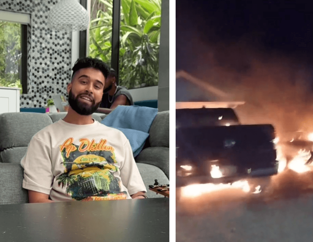 Local artist AP Dhillon, confirming his safety, sings over Instagram on Monday. Right: Unverified video appears to show POV of attack on his Colwood home and vehicles.