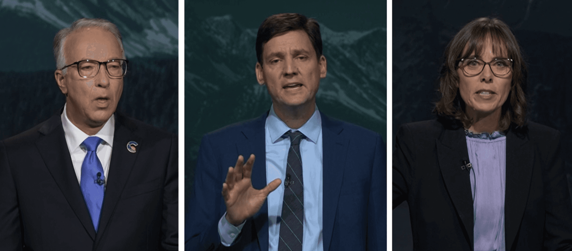 (L-R) Conservative John Rustad, New Democrat David Eby, and the Green's Sonia Furstenau. Screenshot courtesy CBC