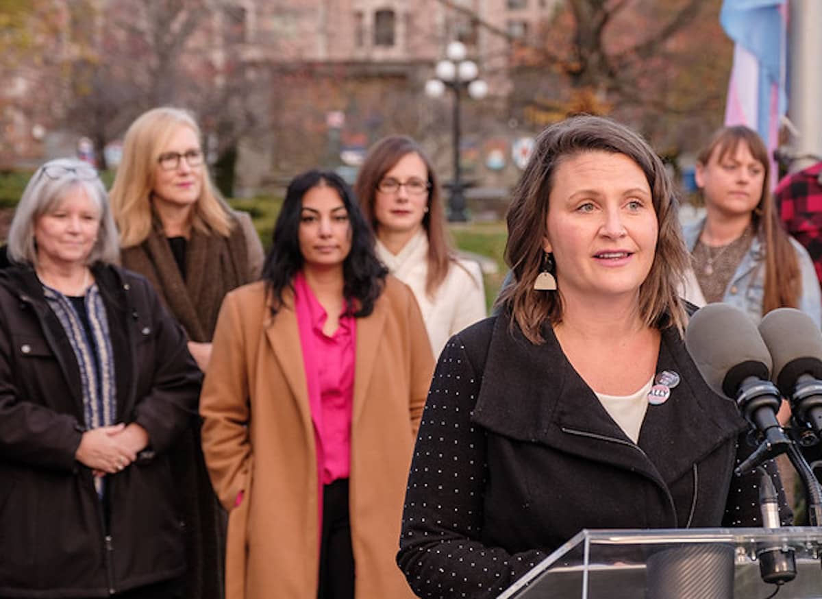 Grace Lore, shown speaking at a press conference last year, won her seat in the Victoria-Beacon Hill riding. Photo: Province of BC / Flickr