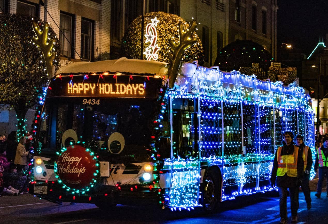 A BC transit bus gets 'decked out' for Victoria Santa Claus Parade. Photo: Greater Victoria Festival Society