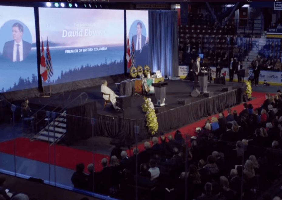BC Premier David Eby speaks at Sunday's memorial for former premier John Horgan.