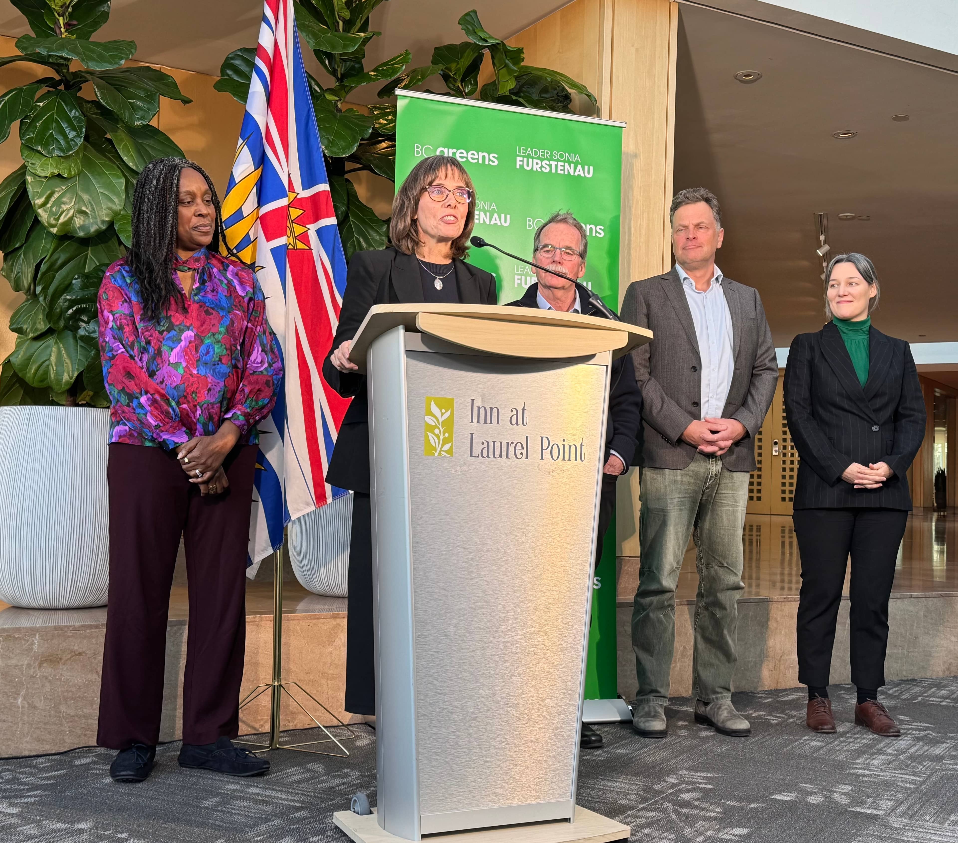 (R-L) Green’s Deputy Leader Lisa Gunderson, Sonia Furstenau, MLA Rob Botterell, MLA Jeremy Valeriote, interim leader, and Molly McKay, interim executive director. Photo: Sidney Coles / Capital Daily