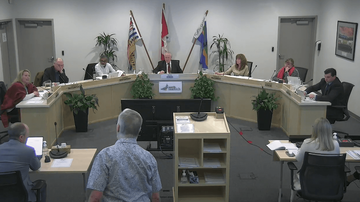 North Saanich council meets. Frank Gee in the foreground. Photo: screenshot from North Saanich council video feed.
