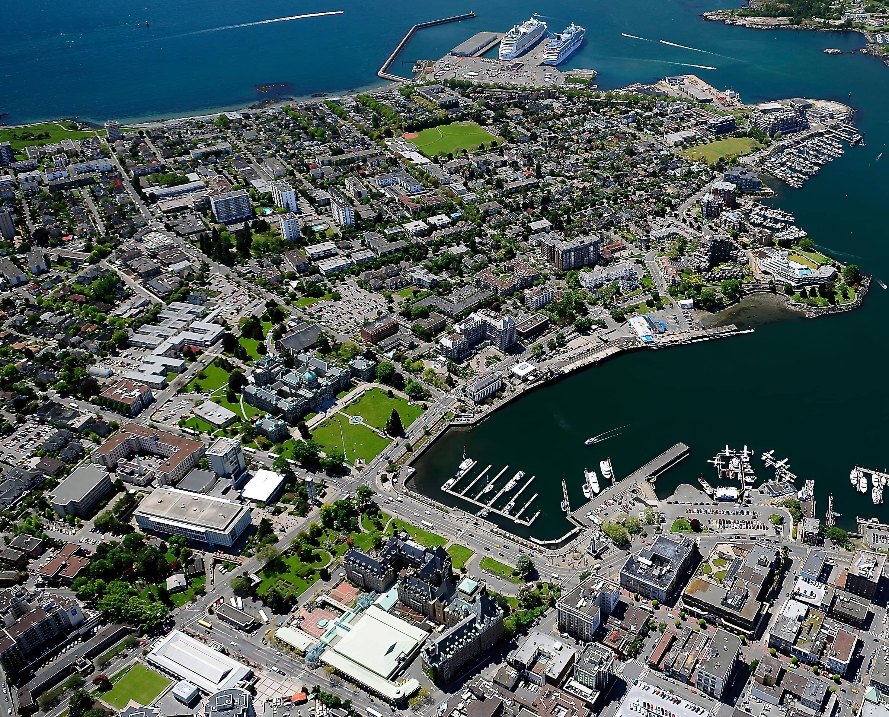 Aerial shot of Victoria with James Bay to the left of the Inner Harbour. Photo: Shutterstock